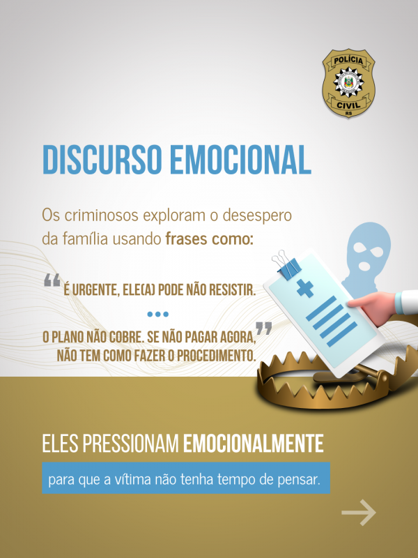 Card com fundo branco e parte inferior amarelo escuro contendo logo da Polícia Civil com frases e formas de abordagem dos criminosos para com as vítimas 