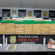 Diversos tabletes de drogas embalados em colora&ccedil;&atilde;o amarela e verde, al&eacute;m de outros materiais citados no texto da mat&eacute;ria expostos em bancadas com banner da Pol&iacute;cia Civil ao fundo